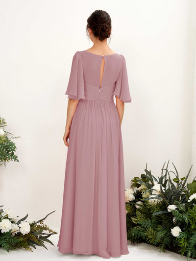 Carlyna Robe trapèze col V manches courtes longueur ras du sol en mousseline Mauve Vintage #couleur_mauve-vintage