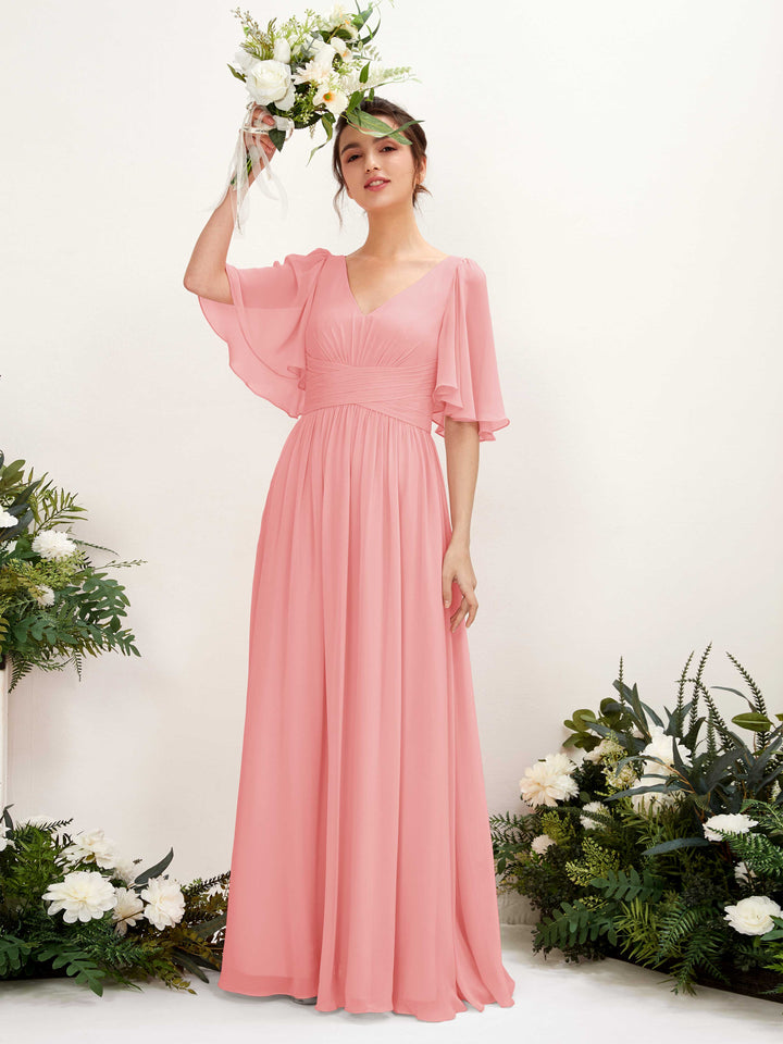 Carlyna Robe trapèze col V manches courtes longueur ras du sol en mousseline Rose Ballet 