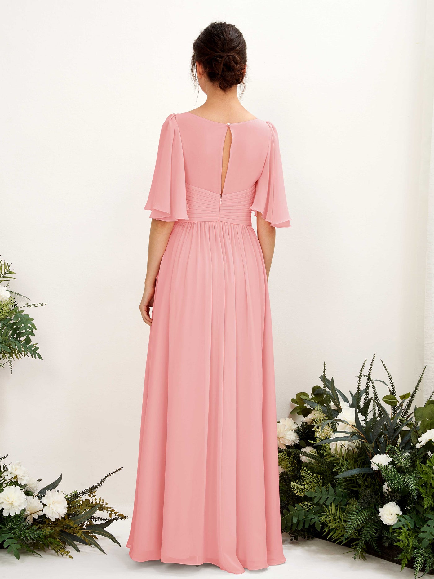 Carlyna Robe trapèze col V manches courtes longueur ras du sol en mousseline Rose Ballet #couleur_rose-ballet