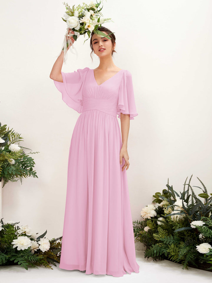Carlyna Robe trapèze col V manches courtes longueur ras du sol en mousseline Rose Bonbon 