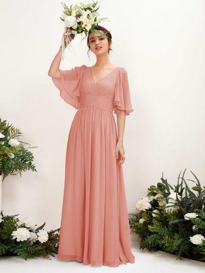 Carlyna Robe trapèze col V manches courtes longueur ras du sol en mousseline Rose Champagne #couleur_rose-champagne