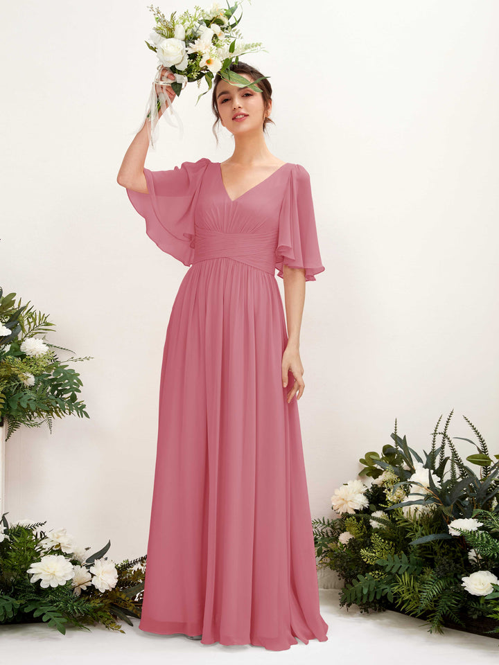 Carlyna Robe trapèze col V manches courtes longueur ras du sol en mousseline Rose Du Désert 