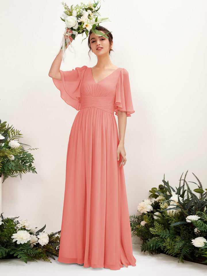 Carlyna Robe trapèze col V manches courtes longueur ras du sol en mousseline Rose Pêche 