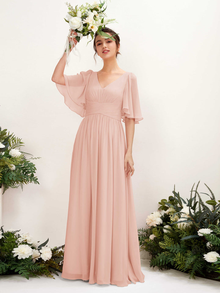 Carlyna Robe trapèze col V manches courtes longueur ras du sol en mousseline Rose Perle 