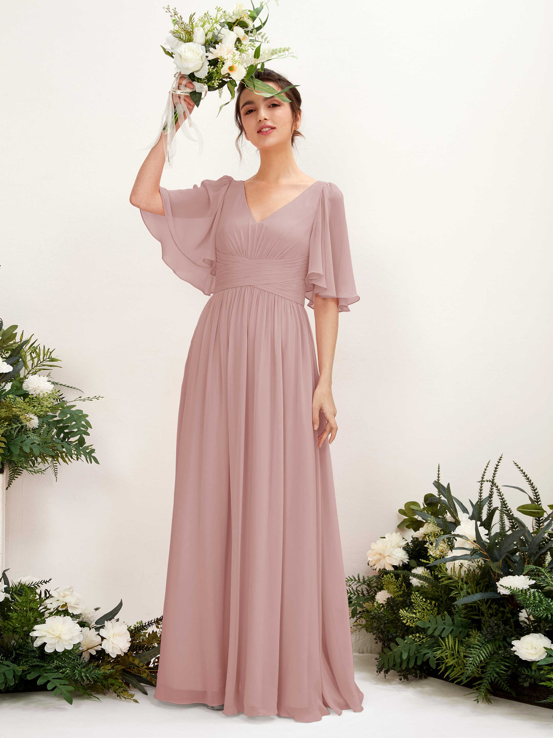 Carlyna Robe trapèze col V manches courtes longueur ras du sol en mousseline Rose Poussiéreux 