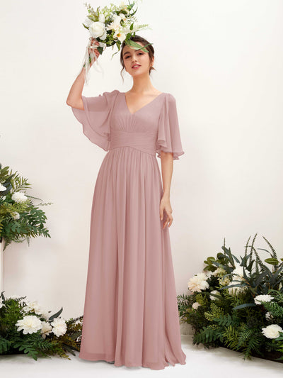 Carlyna Robe trapèze col V manches courtes longueur ras du sol en mousseline Rose Poussiéreux #couleur_rose-poussi-reux