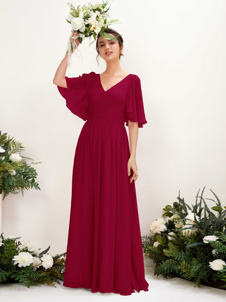 Carlyna Robe trapèze col V manches courtes longueur ras du sol en mousseline Rouge Bouffon 