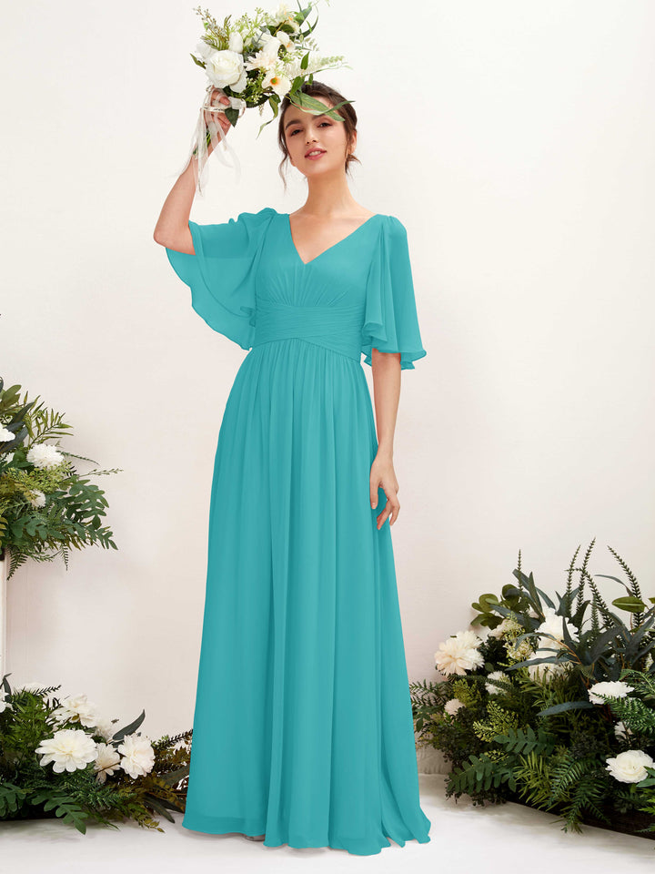 Carlyna Robe trapèze col V manches courtes longueur ras du sol en mousseline Turquoise 