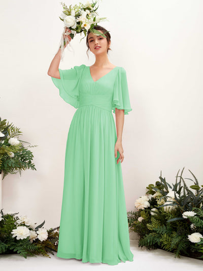 Carlyna Robe trapèze col V manches courtes longueur ras du sol en mousseline Vert Menthe #couleur_vert-menthe