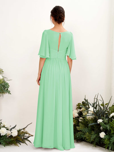 Carlyna Robe trapèze col V manches courtes longueur ras du sol en mousseline Vert Menthe #couleur_vert-menthe