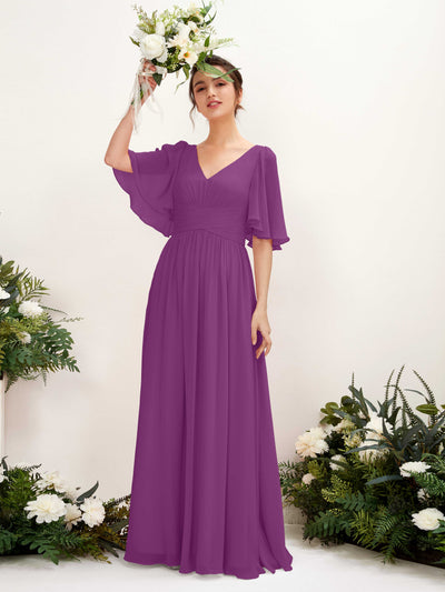 Carlyna Robe trapèze col V manches courtes longueur ras du sol en mousseline Violet #couleur_violet