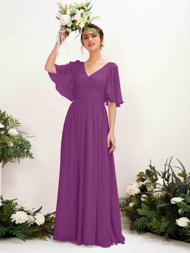 Carlyna Robe trapèze col V manches courtes longueur ras du sol en mousseline Violet 