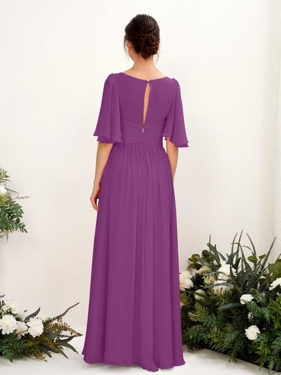 Carlyna Robe trapèze col V manches courtes longueur ras du sol en mousseline Violet #couleur_violet