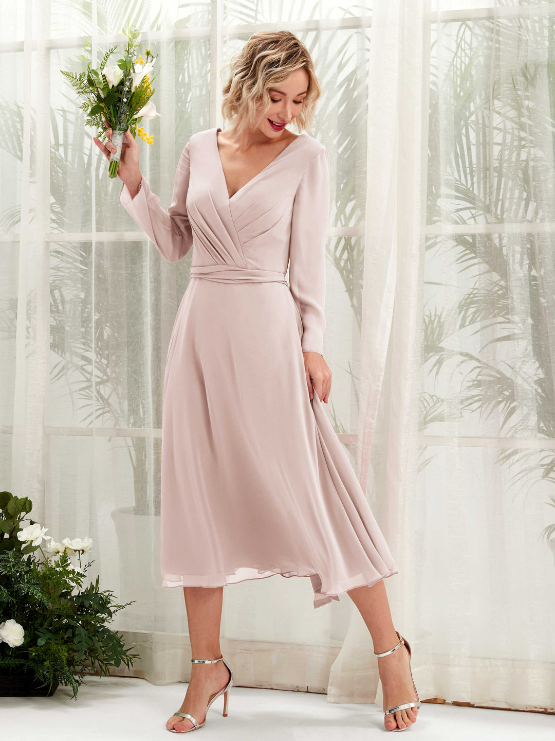 Carlyna Robe trapèze Col V Manches longues Longueur mollet Robe de demoiselle d&