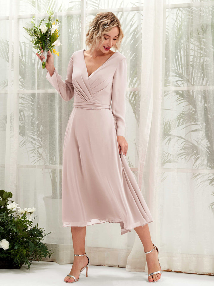 Carlyna Robe trapèze Col V Manches longues Longueur mollet Robe de demoiselle d&