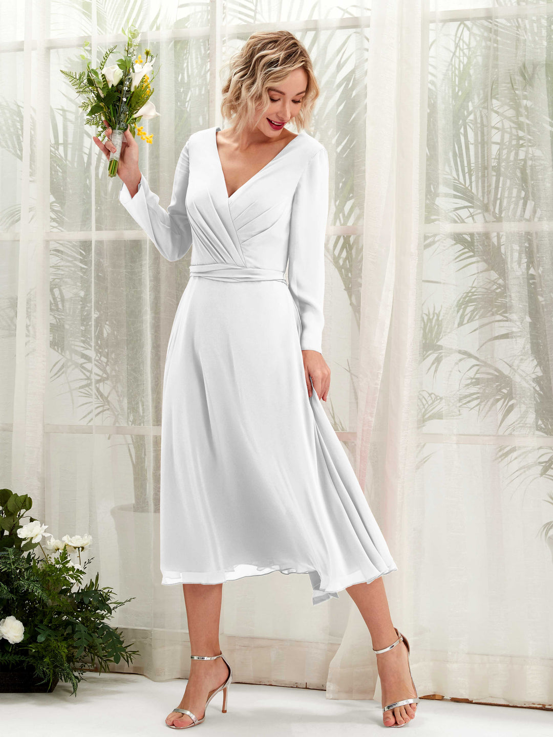 Carlyna Robe trapèze Col V Manches longues Longueur mollet Robe de demoiselle d&