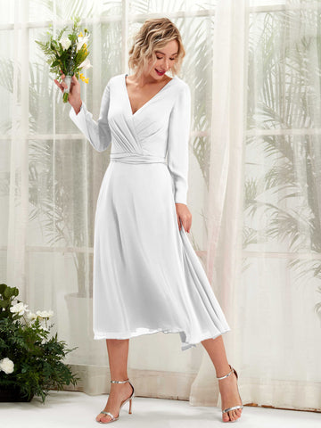 Carlyna Robe trapèze Col V Manches longues Longueur mollet Robe de demoiselle d'honneur Blanc #couleur_blanc