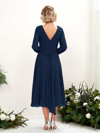 Carlyna Robe trapèze Col V Manches longues Longueur mollet Robe de demoiselle d'honneur Bleu Marine #couleur_bleu-marine