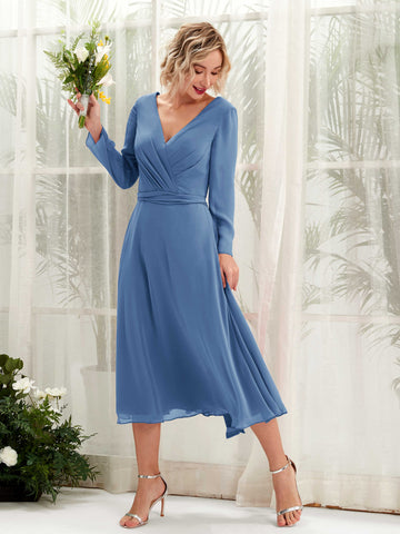 Carlyna Robe trapèze Col V Manches longues Longueur mollet Robe de demoiselle d'honneur Bleu Poussiéreux #couleur_bleu-poussi-reux