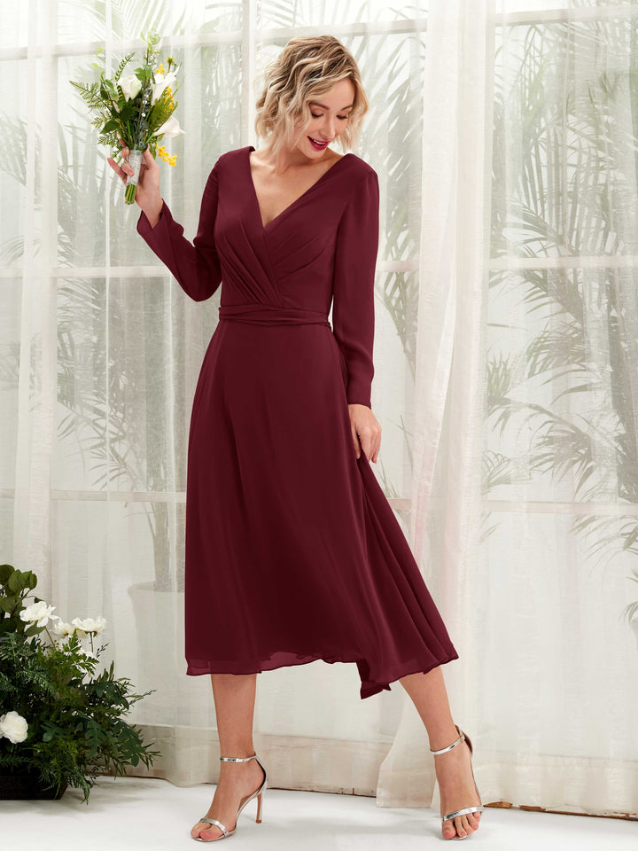 Carlyna Robe trapèze Col V Manches longues Longueur mollet Robe de demoiselle d&