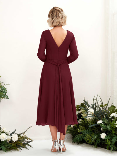 Carlyna Robe trapèze Col V Manches longues Longueur mollet Robe de demoiselle d'honneur Bordeaux #couleur_bordeaux