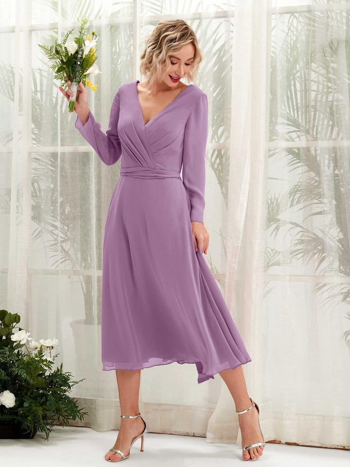 Carlyna Robe trapèze Col V Manches longues Longueur mollet Robe de demoiselle d&