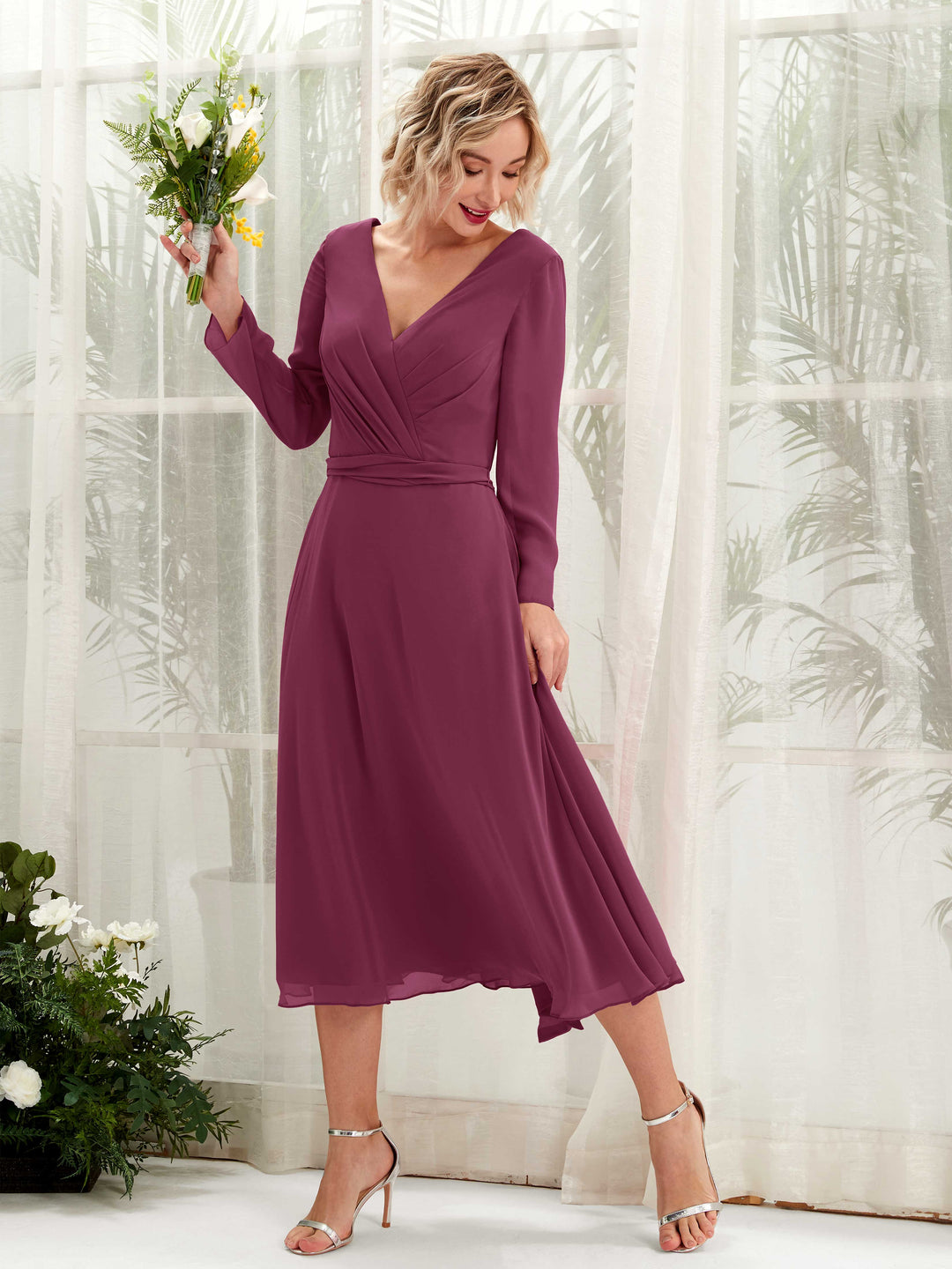 Carlyna Robe trapèze Col V Manches longues Longueur mollet Robe de demoiselle d&