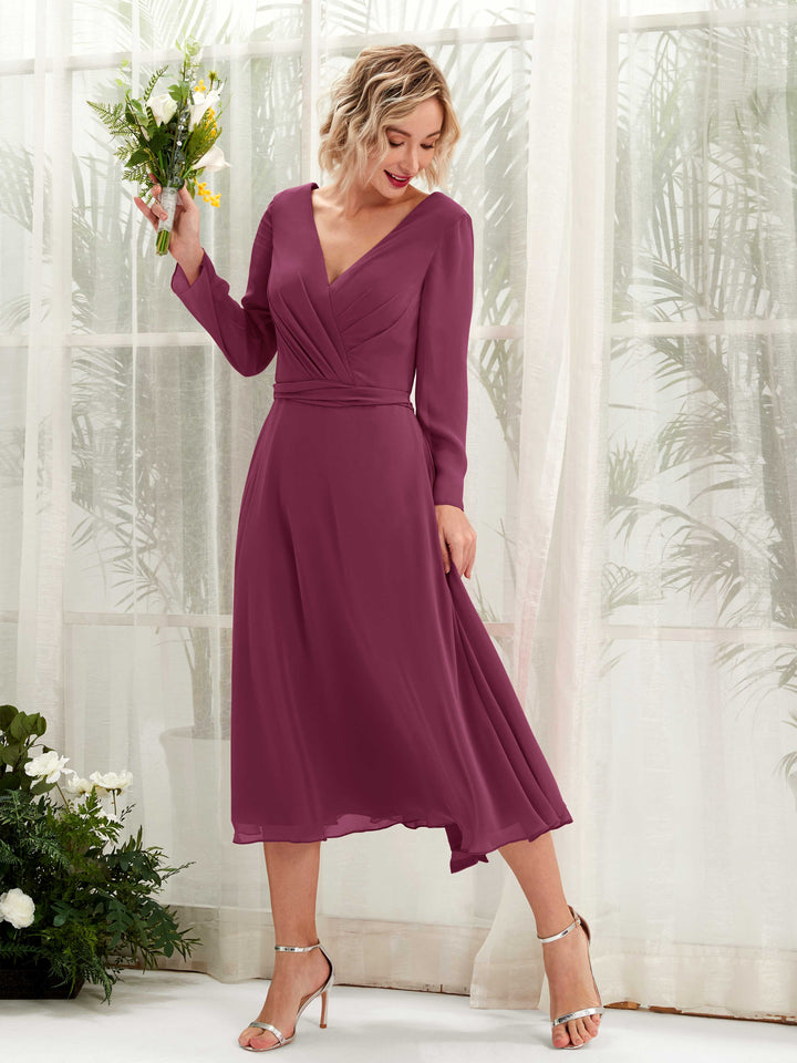 Carlyna Robe trapèze Col V Manches longues Longueur mollet Robe de demoiselle d&