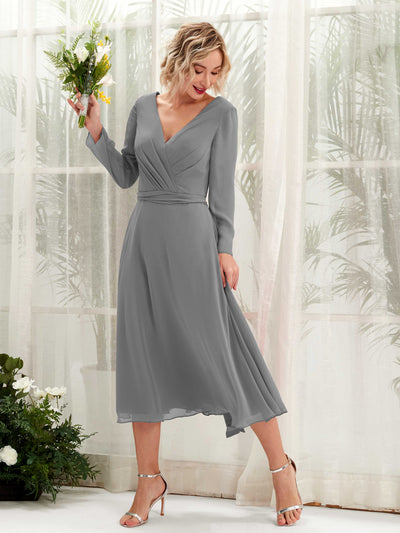 Carlyna Robe trapèze Col V Manches longues Longueur mollet Robe de demoiselle d'honneur Gris Acier #couleur_gris-acier