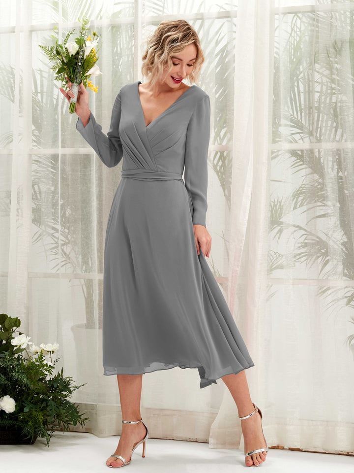 Carlyna Robe trapèze Col V Manches longues Longueur mollet Robe de demoiselle d&