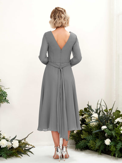 Carlyna Robe trapèze Col V Manches longues Longueur mollet Robe de demoiselle d'honneur Gris Acier #couleur_gris-acier