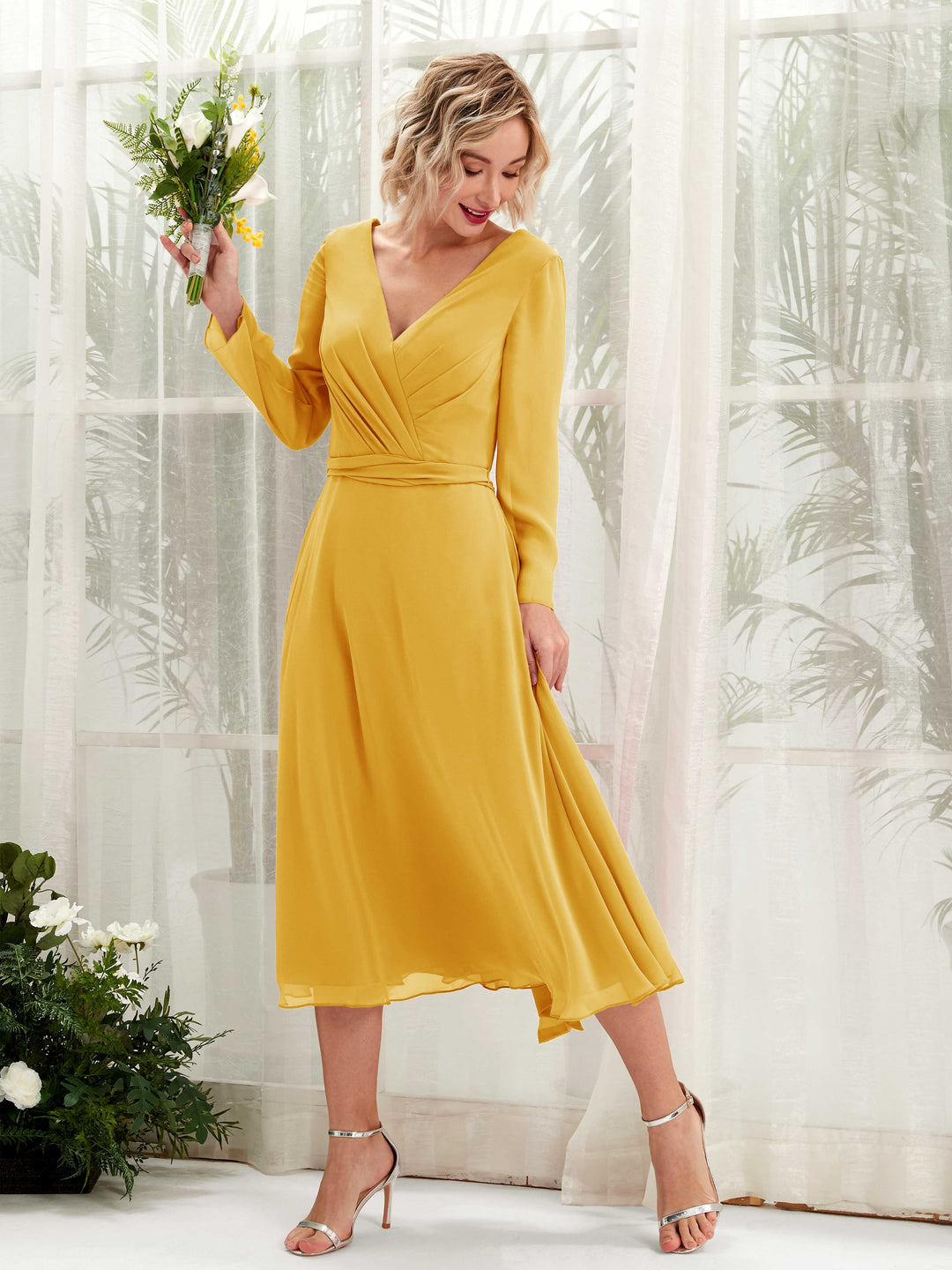 Carlyna Robe trapèze Col V Manches longues Longueur mollet Robe de demoiselle d&