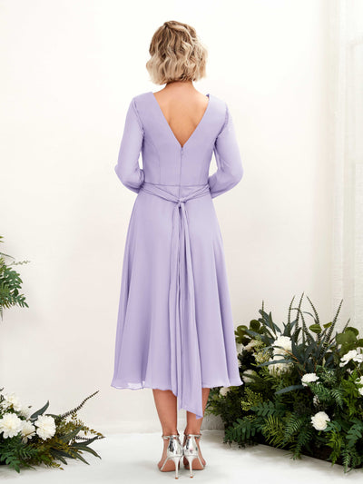 Carlyna Robe trapèze Col V Manches longues Longueur mollet Robe de demoiselle d'honneur Lilas #couleur_lilas