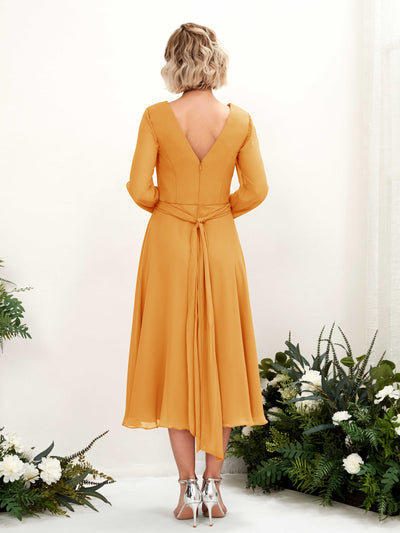 Carlyna Robe trapèze Col V Manches longues Longueur mollet Robe de demoiselle d'honneur Mangue #couleur_mangue
