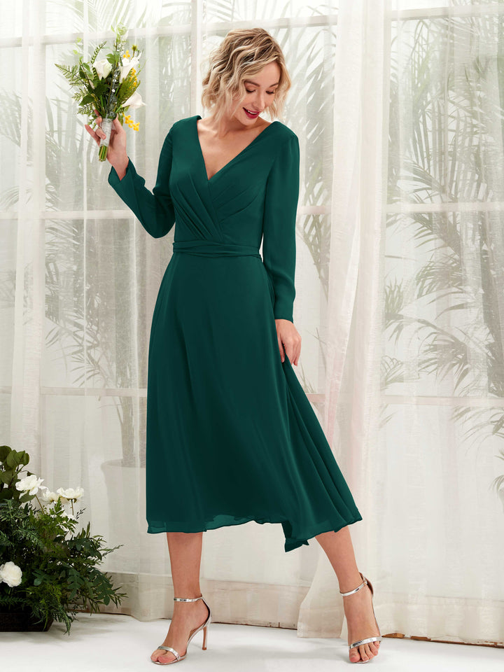 Carlyna Robe trapèze Col V Manches longues Longueur mollet Robe de demoiselle d&