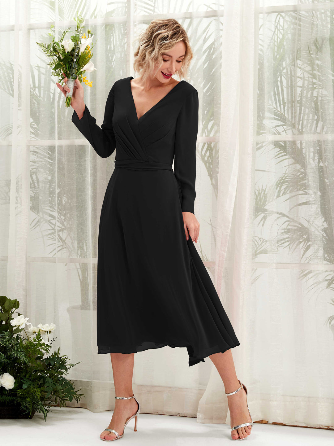 Carlyna Robe trapèze Col V Manches longues Longueur mollet Robe de demoiselle d&