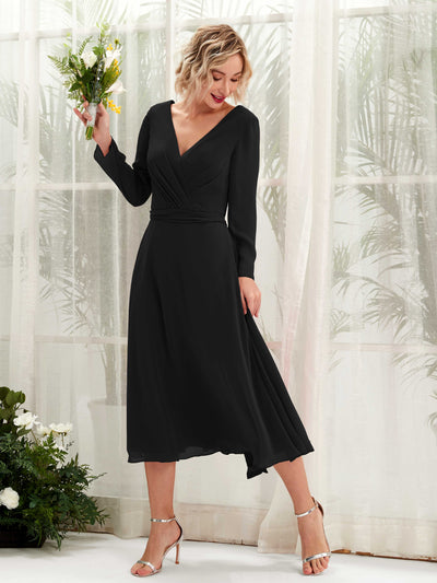Carlyna Robe trapèze Col V Manches longues Longueur mollet Robe de demoiselle d'honneur Noir #couleur_noir