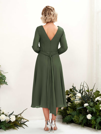 Carlyna Robe trapèze Col V Manches longues Longueur mollet Robe de demoiselle d'honneur Olive Martini #couleur_olive-martini