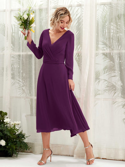 Carlyna Robe trapèze Col V Manches longues Longueur mollet Robe de demoiselle d'honneur Pourpre #couleur_pourpre