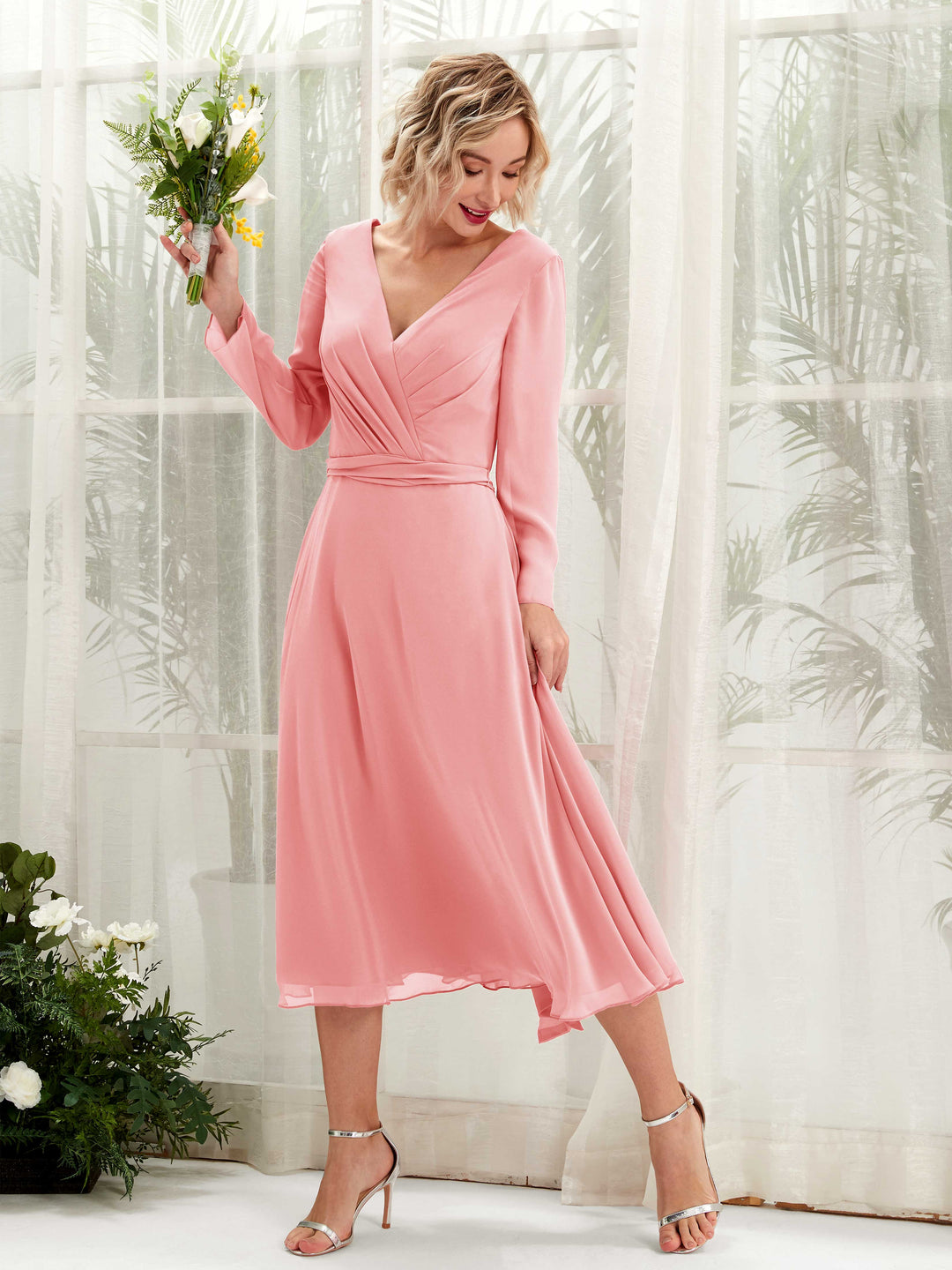 Carlyna Robe trapèze Col V Manches longues Longueur mollet Robe de demoiselle d&
