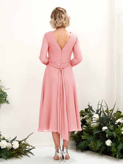 Carlyna Robe trapèze Col V Manches longues Longueur mollet Robe de demoiselle d'honneur Rose Ballet #couleur_rose-ballet