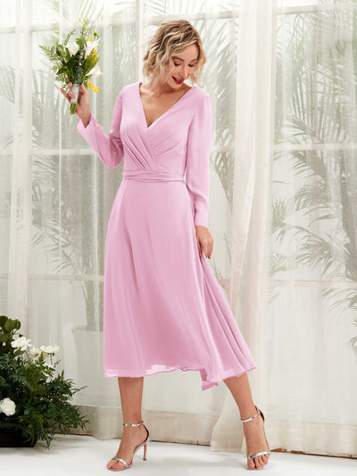 Carlyna Robe trapèze Col V Manches longues Longueur mollet Robe de demoiselle d'honneur Rose Bonbon #couleur_rose-bonbon