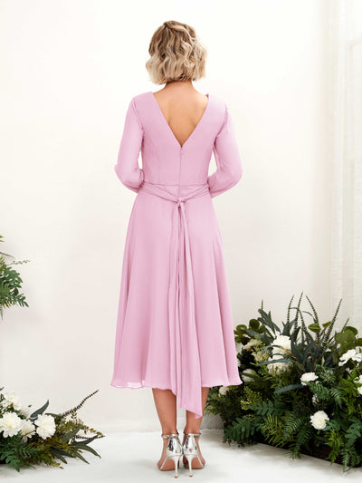 Carlyna Robe trapèze Col V Manches longues Longueur mollet Robe de demoiselle d'honneur Rose Bonbon #couleur_rose-bonbon