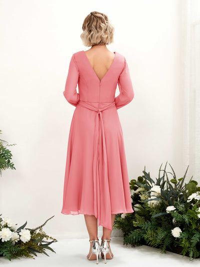 Carlyna Robe trapèze Col V Manches longues Longueur mollet Robe de demoiselle d'honneur Rose Corail #couleur_rose-corail