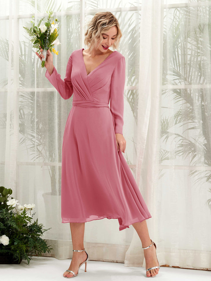 Carlyna Robe trapèze Col V Manches longues Longueur mollet Robe de demoiselle d&