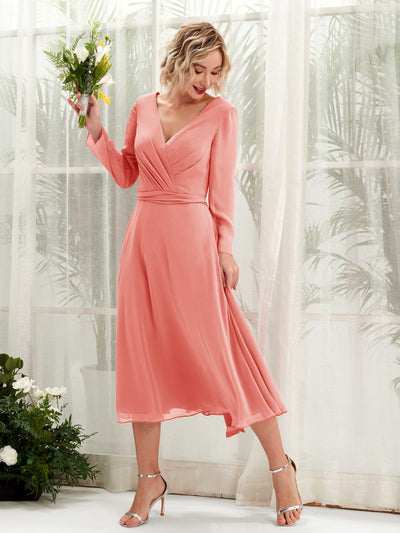 Carlyna Robe trapèze Col V Manches longues Longueur mollet Robe de demoiselle d'honneur Rose Pêche #couleur_rose-p-che