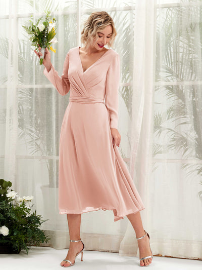 Carlyna Robe trapèze Col V Manches longues Longueur mollet Robe de demoiselle d'honneur Rose Perle #couleur_rose-perle