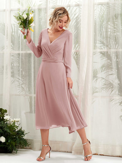 Carlyna Robe trapèze Col V Manches longues Longueur mollet Robe de demoiselle d'honneur Rose Poussiéreux #couleur_rose-poussi-reux
