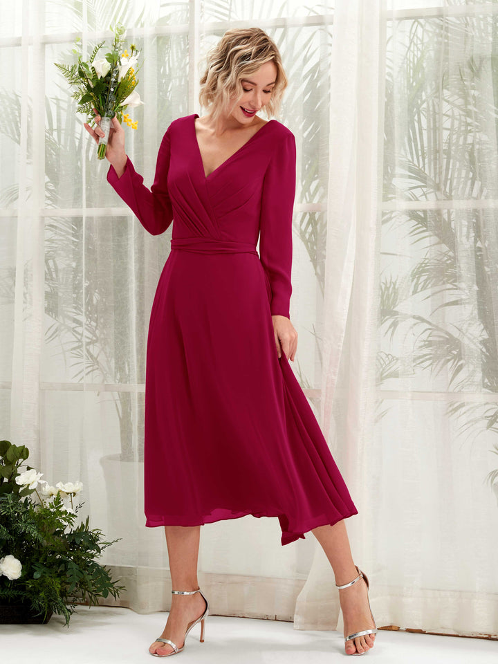 Carlyna Robe trapèze Col V Manches longues Longueur mollet Robe de demoiselle d&