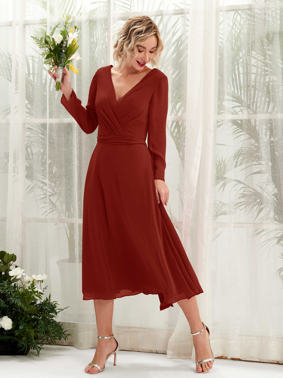 Carlyna Robe trapèze Col V Manches longues Longueur mollet Robe de demoiselle d&